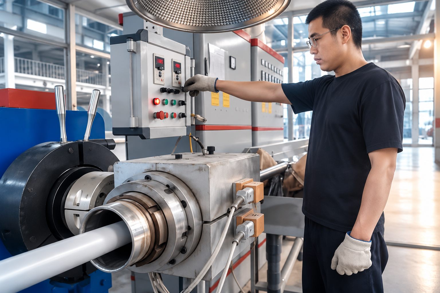 Operator running a sheathing extruder