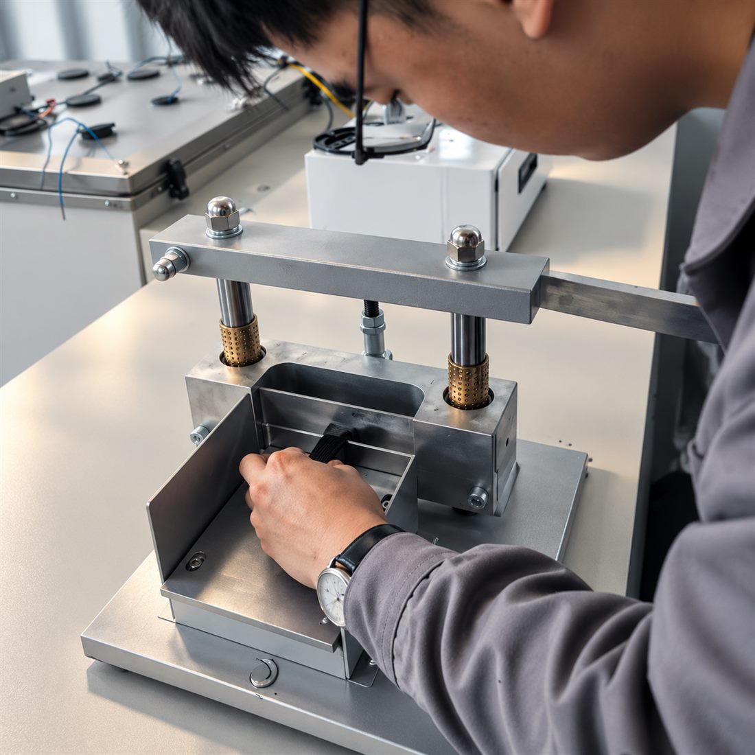 Technician preparing a cable sample for testing