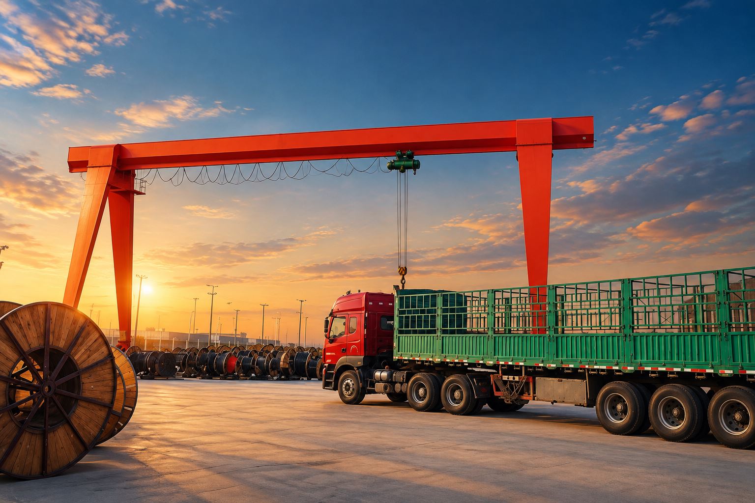 Gantry crane loading cable drums onto a truck